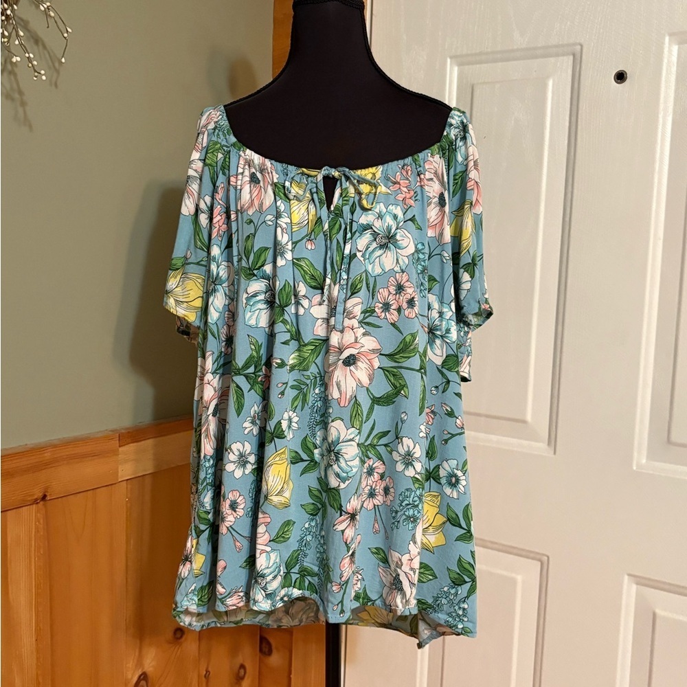 Torrid Blue Floral Blouse with Tie Front